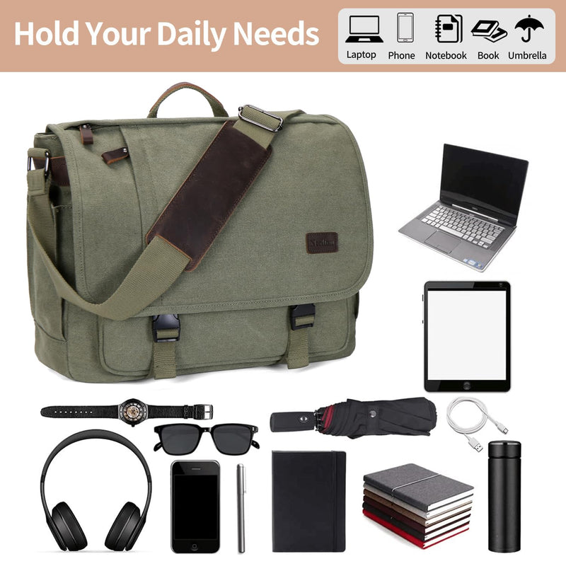 Nerlion Messenger Bag for Men 17 - 17.3 Inch Laptop Bag Canvas Water - resistant Computer Bag Shoulder Bag Work Briefcase Bookbag for College (Green)
