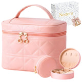 NESTORO Makeup Bag with Jewelry Case Set, Pink Quilted PU Leather with Handle, Gold Zipper
