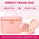 NESTORO Makeup Bag with Jewelry Case Set, Pink Quilted PU Leather with Handle, Gold Zipper