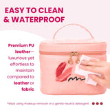 NESTORO Makeup Bag with Jewelry Case Set, Pink Quilted PU Leather with Handle, Gold Zipper