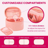 NESTORO Makeup Bag with Jewelry Case Set, Pink Quilted PU Leather with Handle, Gold Zipper