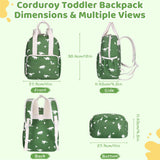 Neverwhy Corduroy Toddler Backpack for Boys Girls 2 - 5, Water - Resistant 11 Inch Small Kids Backpack for School Kindergarten Travel, Lightweight Bookbag for Preschool Daycare - Green Dinosaur