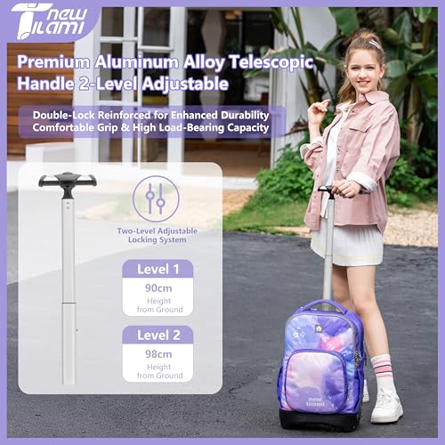 NEW TILAMI 18 inch Rolling Backpack Boys & Girls for School – Durable, Waterproof, Adjustable Handle, Ideal for Travel & Daily Use, Purple Sky