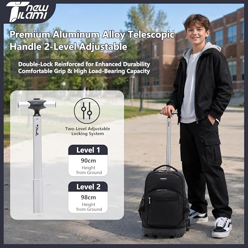 NEW TILAMI 18 inch Rolling Backpack for Kids - Waterproof, Stair-Climbing, Durable, Personalized Design for School, Travel, Black