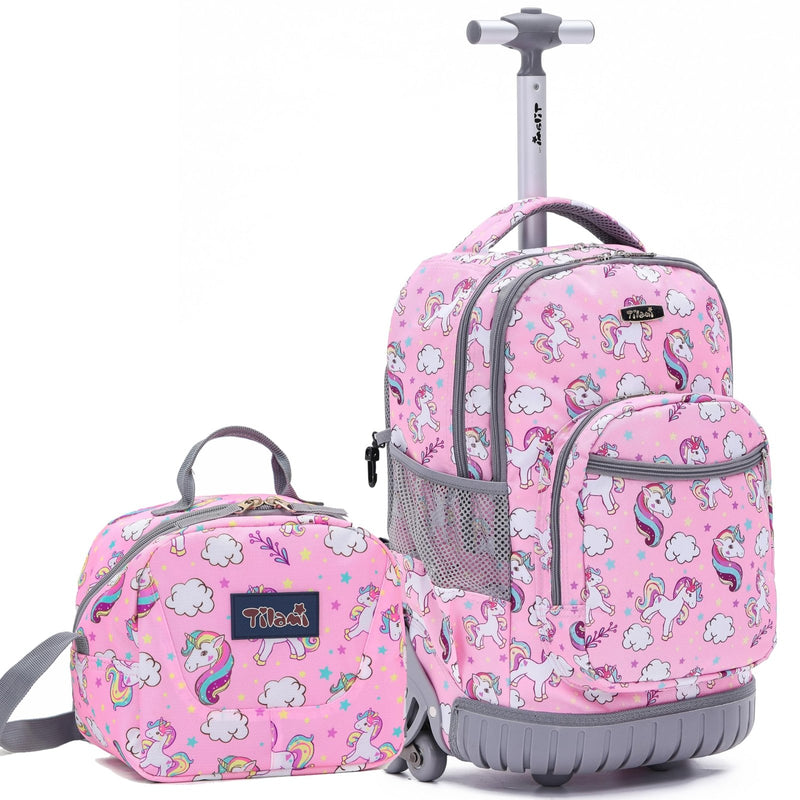 NEW TILAMI 18" Kids Rolling Backpack for School - Waterproof, Durable, Stair - Climbing, Variety of Colors Patterns for Girls & Boys, Cute Pink Unicorn