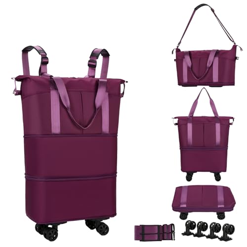 NiceUU Travel Rolling Duffel Bag with Removable Wheels, Expandable Foldable Carry-on Luggage for Trip or Hospitalization, Burgundy | Backpacks4Less