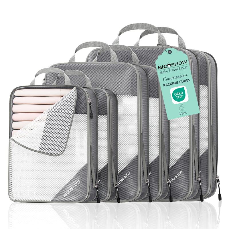 NICOSHOW 6 Set Compression Packing Cubes for Travel - Compressible, Lightweight, and Space - Saving Packing Cubes, Travel Essentials for Women, Grey