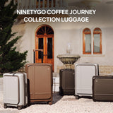NINETYGO Medium Checked Luggage 25 Inch, Flat Top Opening Check In Luggage with Cup Holder, Expandable, Coffee - Infused PC Hard Shell, Eco - Friendly, TSA Lock, 360° Spinner Wheels (Americano)