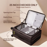NINETYGO Medium Checked Luggage 25 Inch, Flat Top Opening Check In Luggage with Cup Holder, Expandable, Coffee - Infused PC Hard Shell, Eco - Friendly, TSA Lock, 360° Spinner Wheels (Americano)