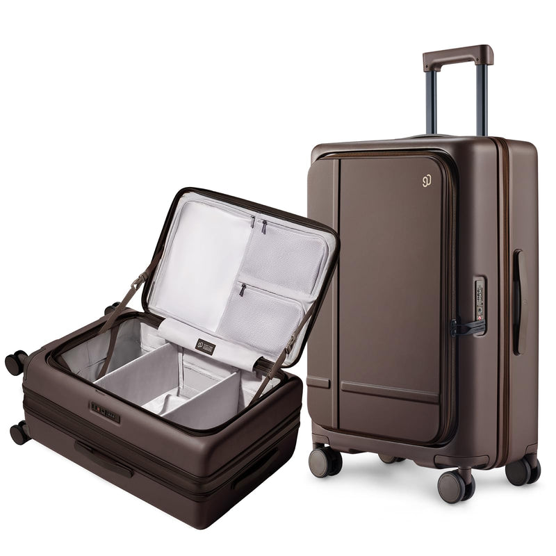 NINETYGO Medium Checked Luggage 25 Inch, Flat Top Opening Check In Luggage with Cup Holder, Expandable, Coffee - Infused PC Hard Shell, Eco - Friendly, TSA Lock, 360° Spinner Wheels (Americano)