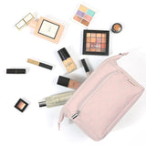 NISHEL Travel Makeup Bag for Women with Front Pockets, Large Wide - open Case, Portable Organizer To Hold Travel - Size Accessory Bottles, Cosmetics, Brushes, Skincare Products, Pink