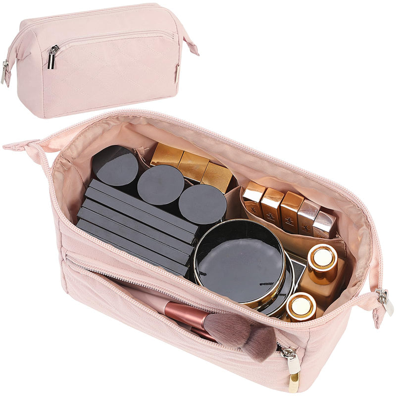 NISHEL Travel Makeup Bag for Women with Front Pockets, Large Wide - open Case, Portable Organizer To Hold Travel - Size Accessory Bottles, Cosmetics, Brushes, Skincare Products, Pink