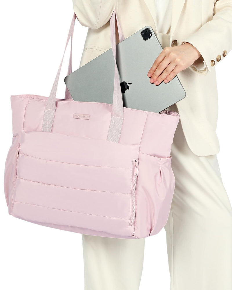 NISHEL Travel Puffy Tote Bag For Women, Ultra - Lightweight Large Tote Purse For Office Day And a Short Weekend Getaway, Pink