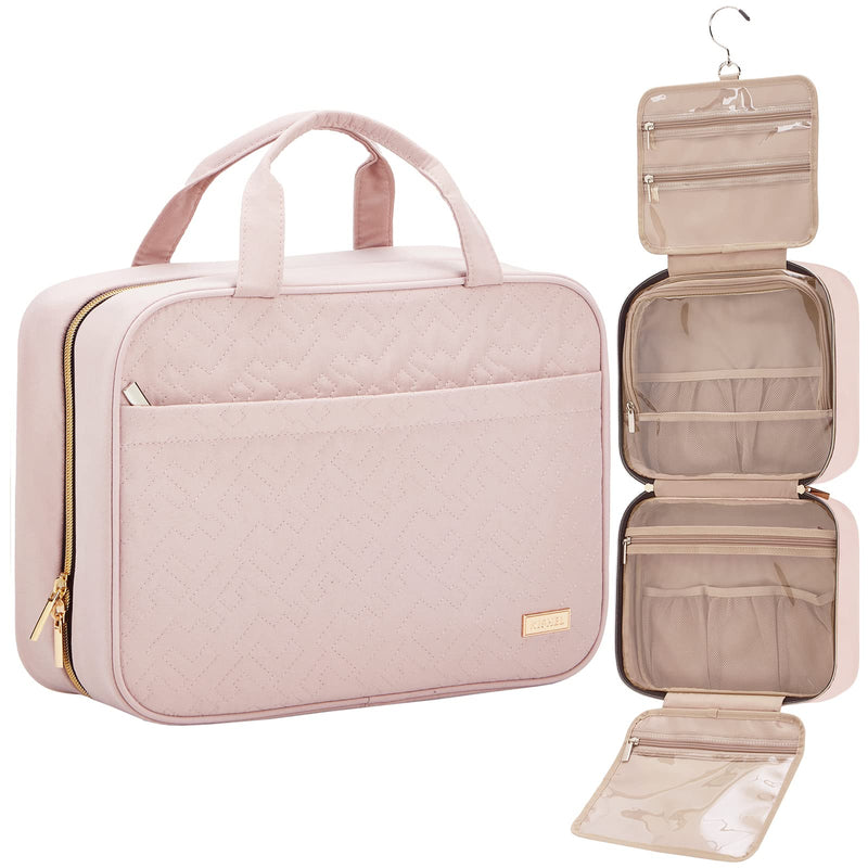 NISHEL Travel Toiletry Bag for women, Portable Hanging Organizer for Full - Sized Shampoo, Conditioner, Brushes Set, Makeup Accessories, Large Size, Pink
