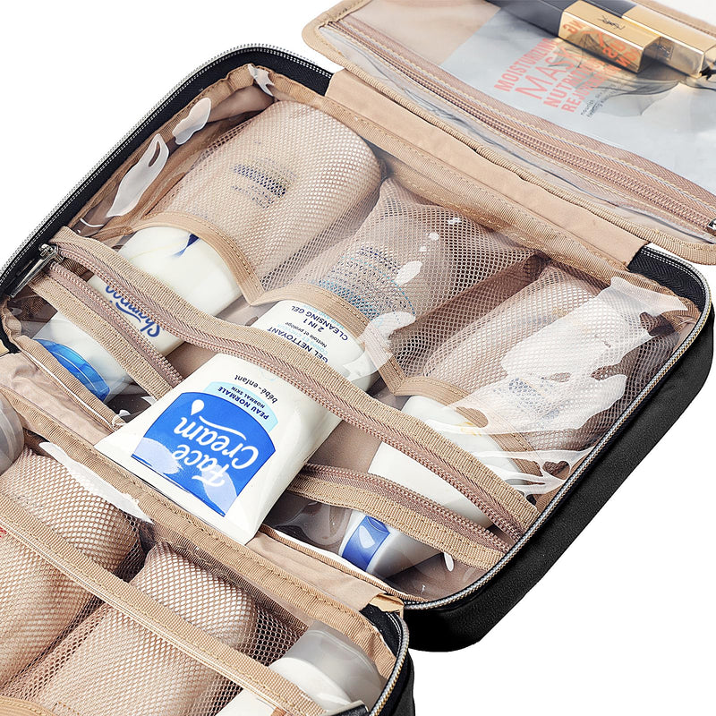 NISHEL Travel Toiletry Bag for women, Portable Hanging Organizer for Travel - Sized Shampoo, Conditioner, Brushes Set, makeup Accessories, Medium Size, Black
