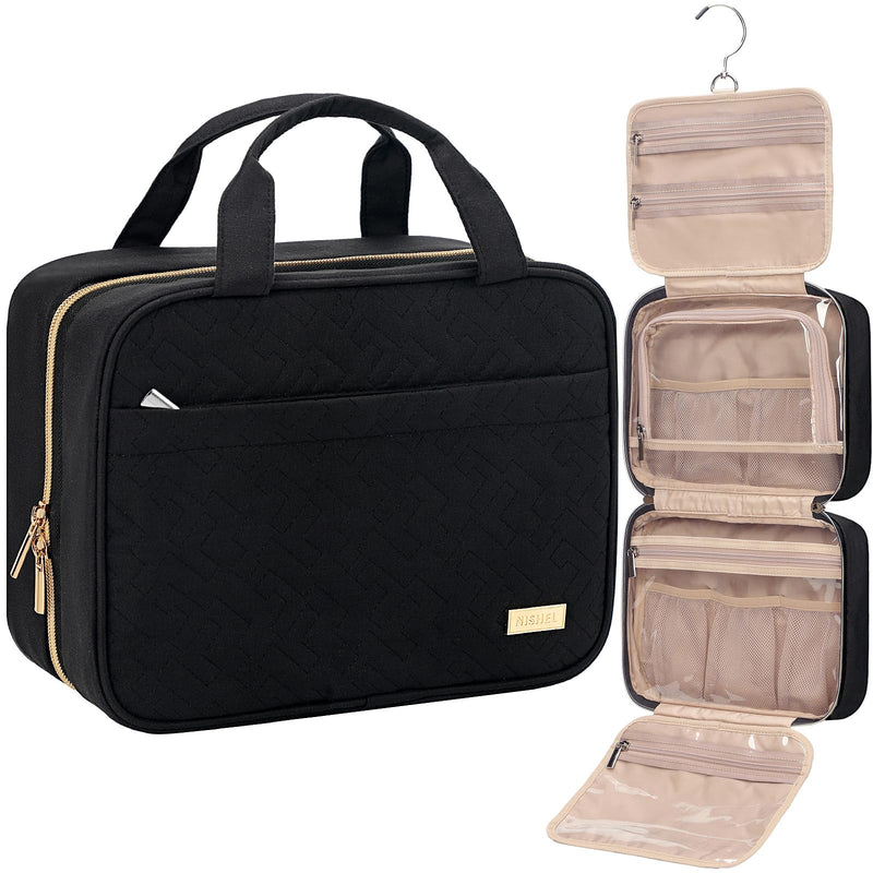 NISHEL Travel Toiletry Bag for women, Portable Hanging Organizer for Travel - Sized Shampoo, Conditioner, Brushes Set, makeup Accessories, Medium Size, Black