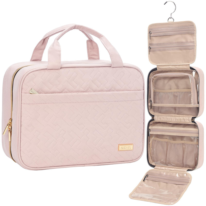 NISHEL Travel Toiletry Bag for women, Portable Hanging Organizer for Travel - Sized Shampoo, Conditioner, Brushes Set, makeup Accessories, Medium Size, Pink
