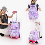 NIWEIYA Kids Rolling Backpack for Girls School Backpack with Wheels for Girls Wheeled Bookbags Roller Trolley Bags for Primary Students, 6 - Wheel Purple