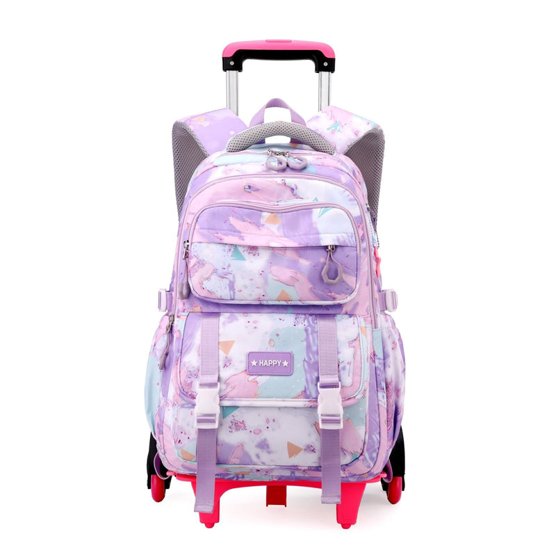 NIWEIYA Kids Rolling Backpack for Girls School Backpack with Wheels for Girls Wheeled Bookbags Roller Trolley Bags for Primary Students, 6 - Wheel Purple