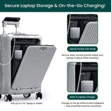 Nobl Travel Carry On Luggage, Noble Zipperless Aluminum Frame PC Hard Shell Suitcase, 22.5x15x9.5 Airline Approved, 360° Spinner Wheels, TSA Locks, USB Charging Port, Cup & Phone Holder - Silver