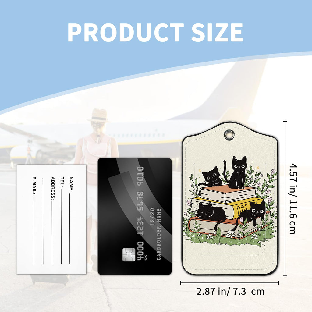 Nyixblyre 2 Pcs Luggage Tag for Suitcases, Black Cat Book Cute PU Leather Suitcase Tag Privacy Cover ID Label with Metal Loop, Personalized Baggage Identifier for Women Cruise Bag Travel Essentials