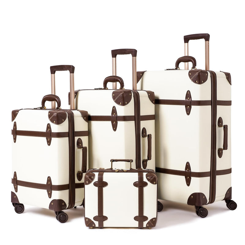 NZBZ Vintage Luggage Sets for Women, PU Leather Retro Suitcase, Vintage Trunk Luggage, Vintage Suitcase Set 4 - Piece - Set (White, 14", 20", 24" &28")