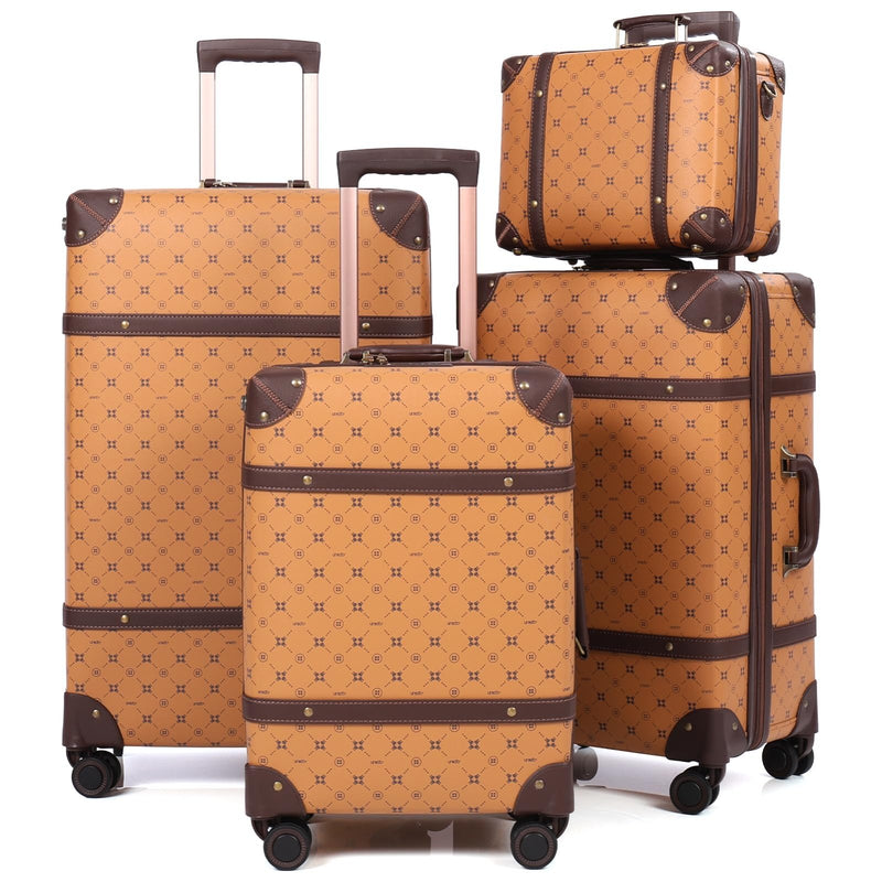 NZBZ Vintage Luggage Sets for Women, PU Leather Retro Suitcase, Vintage Trunk Luggage, Vintage Suitcase Set (Orange Brown, 4 - Piece - Set(14/20/24/28))
