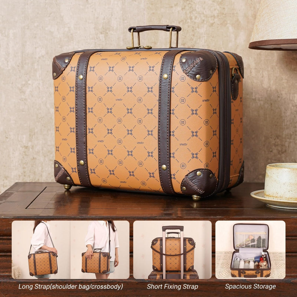 NZBZ Vintage Luggage Sets for Women, PU Leather Retro Suitcase, Vintage Trunk Luggage, Vintage Suitcase Set (Orange Brown, 4 - Piece - Set(14/20/24/28))