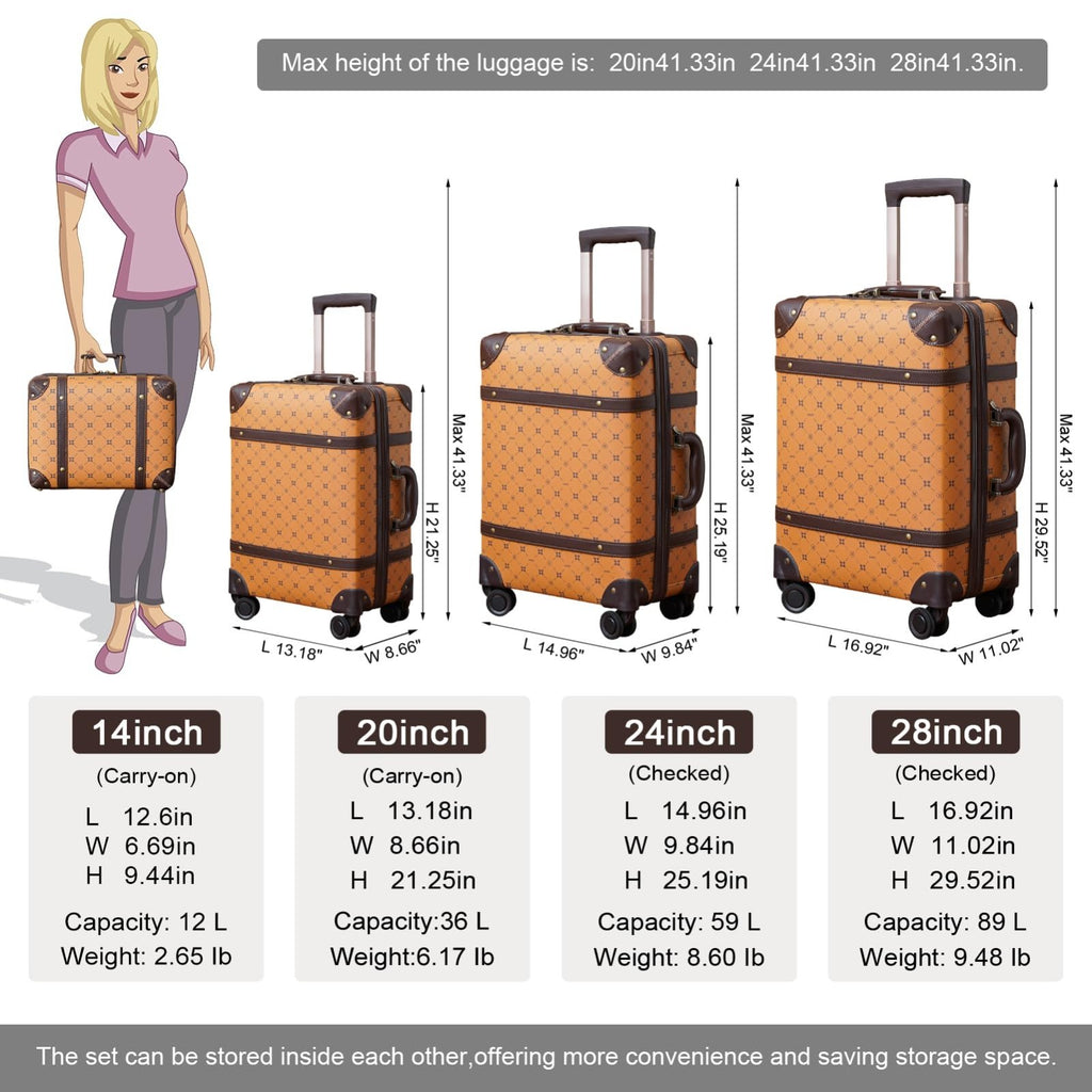 NZBZ Vintage Luggage Sets for Women, PU Leather Retro Suitcase, Vintage Trunk Luggage, Vintage Suitcase Set (Orange Brown, 4 - Piece - Set(14/20/24/28))