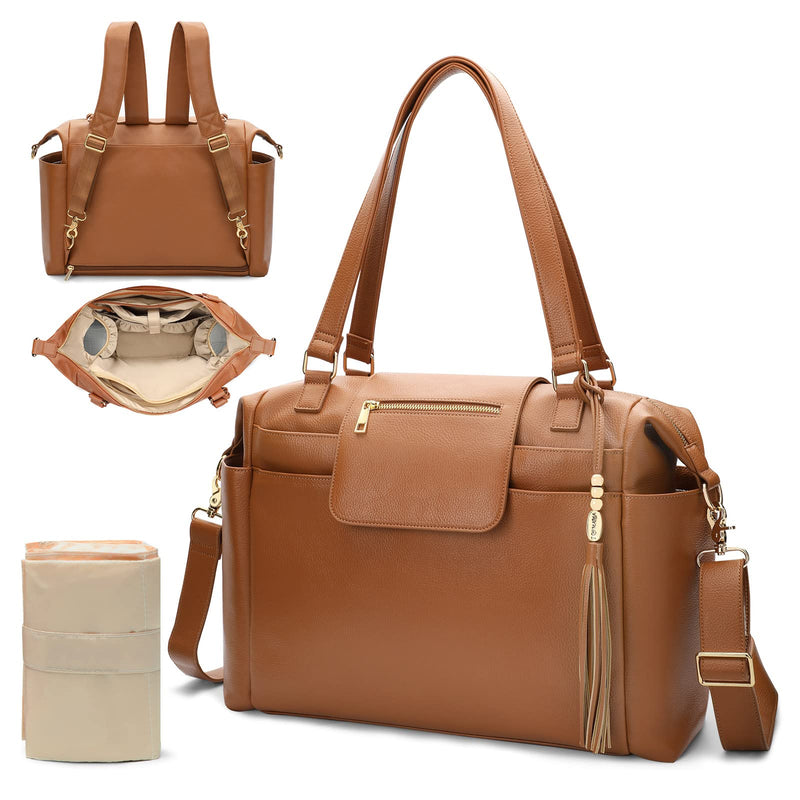 Omanmoli Diaper Bag Tote Leather Diaper Bag Backpack Large Baby Bag 14 Diaper Organizing Pouches,Changing Pad,Crossbody Strap,4 Insulated Pockets,Brown