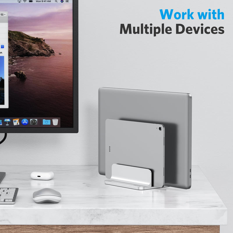 OMOTON Vertical Laptop Stand [Updated Double Version], Desktop Aluminum Mac Book Stand with Adjustable Dock Size, Fits All Mac Book, Surface, Chrome Book and Gaming Laptops (Up to 17.3 inch) (Silver)