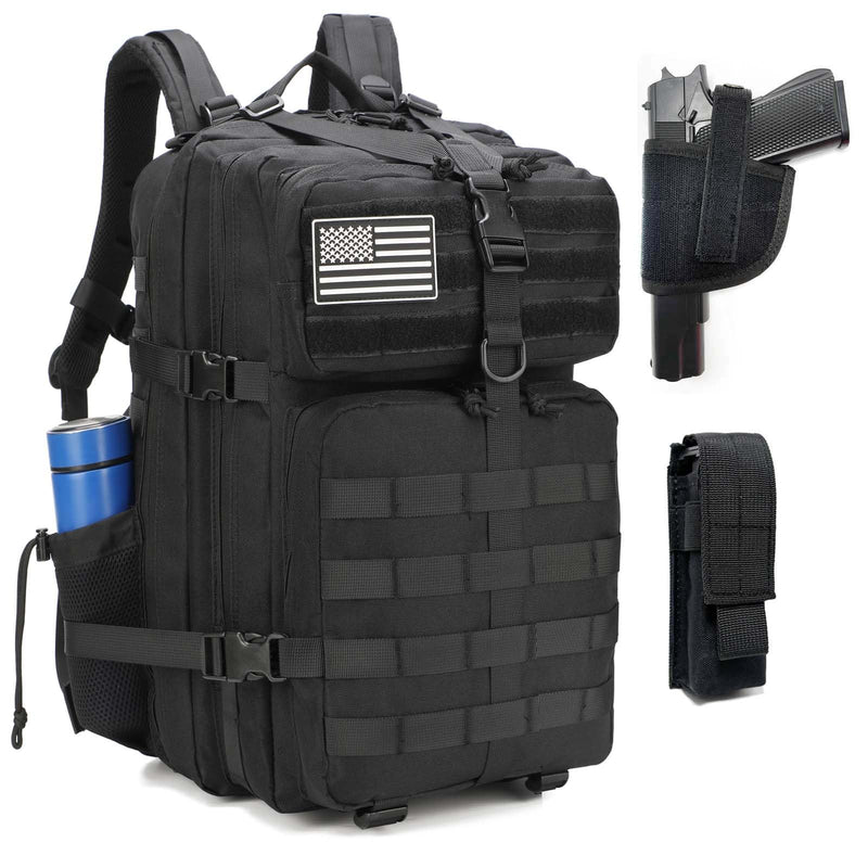ONE WVW PIN Tactical Backpack with Gun Holster, 45L Military Backpack for Men Assault Pack Bug Out Bag Large Daypack 3 - Day Pack with Side Bottle Holder for Hiking Hunting Black Upgrade
