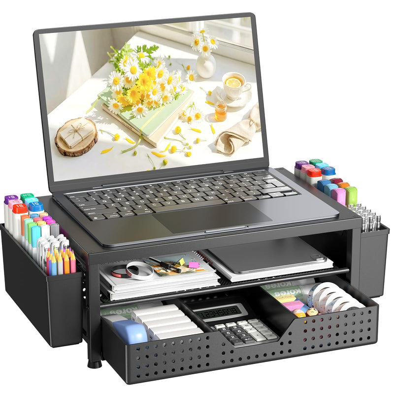 OPNICE Laptop Stand Desk Organizer, 2 - Tier Metal Monitor Stand Riser with Drawer & 2 Pen Holders, Ventilated Perforated Steel Top, Office Desk Accessories for Home Office, Black