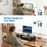 OPNICE Laptop Stand Desk Organizer, 2 - Tier Metal Monitor Stand Riser with Drawer & 2 Pen Holders, Ventilated Perforated Steel Top, Office Desk Accessories for Home Office, Black