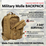 ORCA 40L Military Tactical Backpack for Men - 3 Days Out Rucksack Molle Bag for Camping & Hiking - Heavy Duty Survival Backpack Waterproof with Molle Attachments.