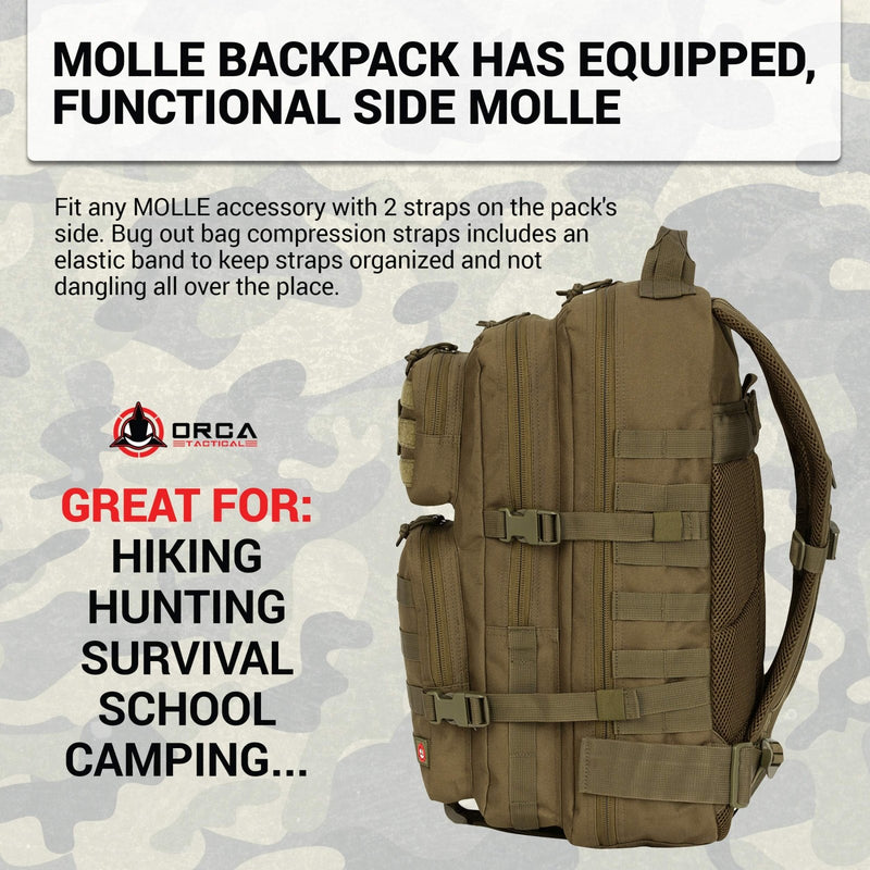 ORCA 40L Military Tactical Backpack for Men - 3 Days Out Rucksack Molle Bag for Camping & Hiking - Heavy Duty Survival Backpack Waterproof with Molle Attachments.