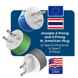 OREI Thailand Power Plug Adapter with 2 USA Inputs - Travel 3 Pack - 2 x Type O, 1 x Type C (US - 18) Safe Grounded Use with Cell Phones, Laptop, Camera Chargers, CPAP, and More