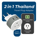 OREI Thailand Power Plug Adapter with 2 USA Inputs - Travel 3 Pack - 2 x Type O, 1 x Type C (US - 18) Safe Grounded Use with Cell Phones, Laptop, Camera Chargers, CPAP, and More