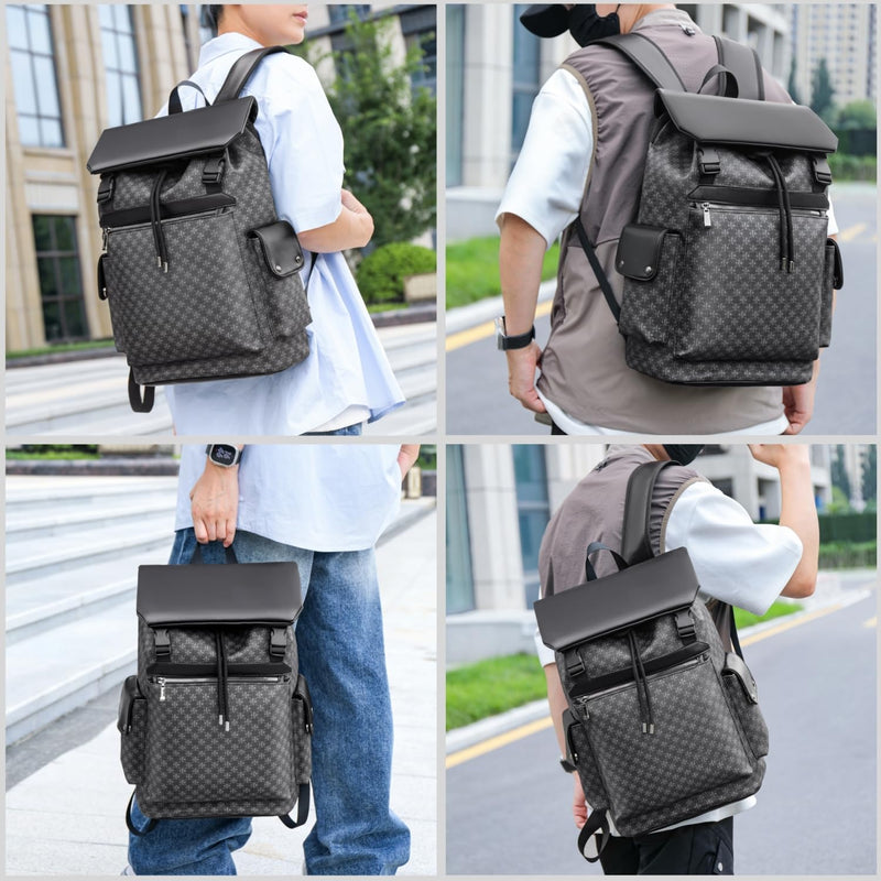 ORILOOSEN Black Leather backpack for men and women, PU leather backpack, waterproof daily commuting bag, casual travel bag (Black)