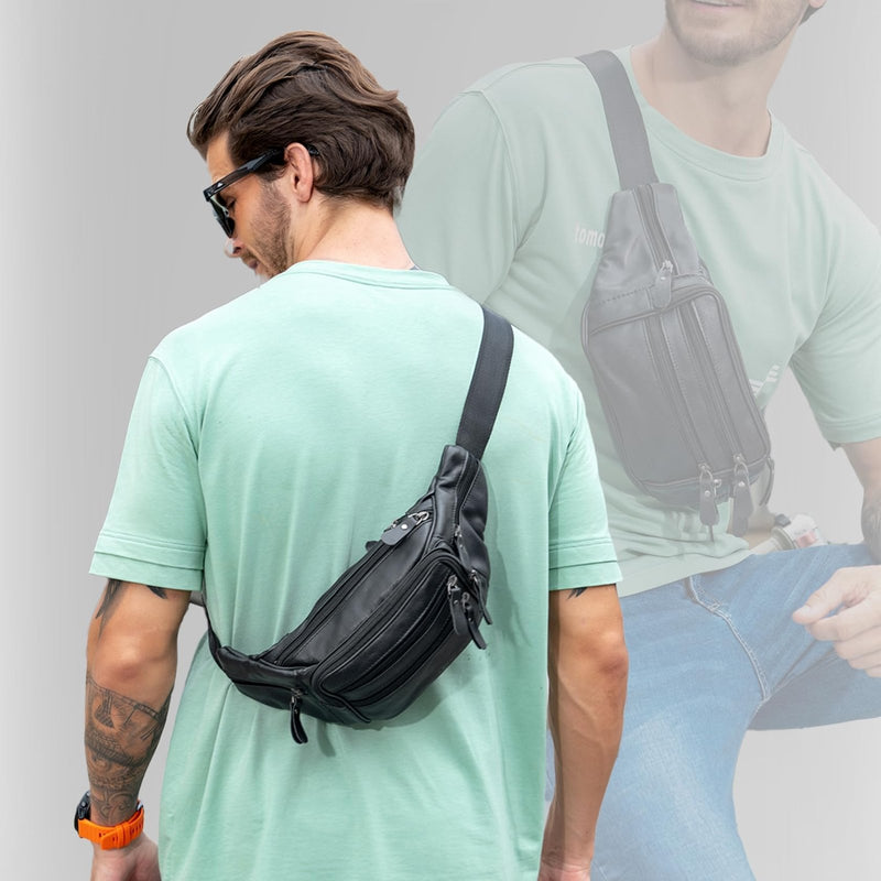 OrrinSports Black Leather Fanny Pack for Men & Women, Fashionable Multi - Pockets Waist Belt Bag for Travel Sports Hiking Cycling Fishing Running
