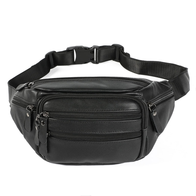 OrrinSports Black Leather Fanny Pack for Men & Women, Fashionable Multi - Pockets Waist Belt Bag for Travel Sports Hiking Cycling Fishing Running