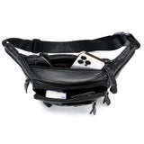 OrrinSports Black Leather Fanny Pack for Men & Women, Fashionable Multi - Pockets Waist Belt Bag for Travel Sports Hiking Cycling Fishing Running