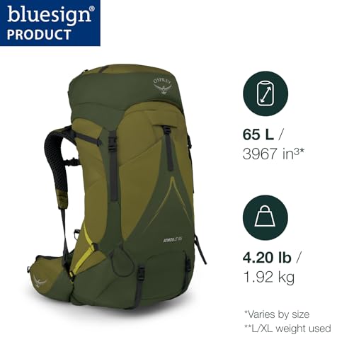 Osprey Atmos AG LT 65L Men's Backpacking Backpack, Scenic Valley/Green Peppercorn, S/M | Osprey Backpacks