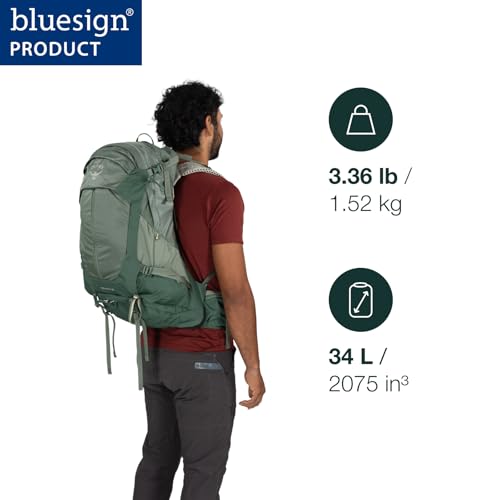 Osprey Stratos 34L Men's Hiking Backpack - Camping Bag with Waterproof Raincover, Bottle Pockets, & Gear Straps, Pine Leaf | Osprey Backpacks