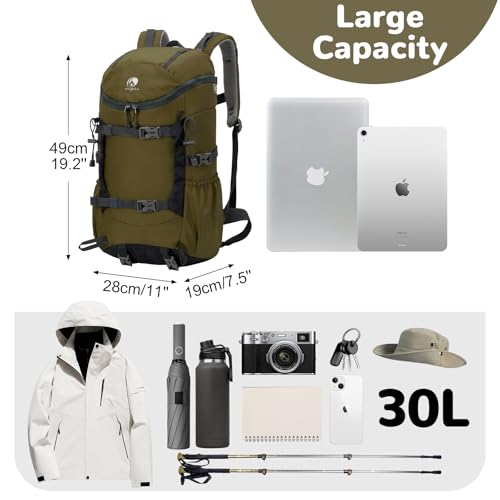 Outplea 30L Skateboard Backpack for Men Women, Waterproof Hiking Backpack with Chest Strap for Camping Hunting, Lightweight Casual Travel Daypack for Skateboard Sport Outdoor, Green