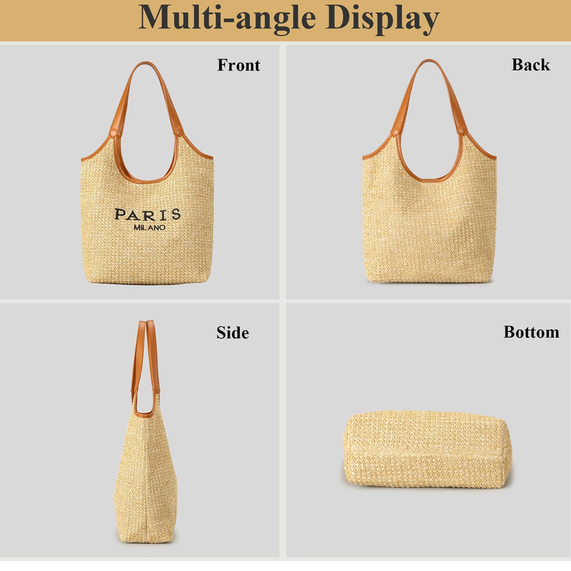 OWGSEE Straw Tote Bags for Women, Summer Straw Purses and Handbags Shoulder Woven Raffia Beach Bag with Coin Purse(Khaki)