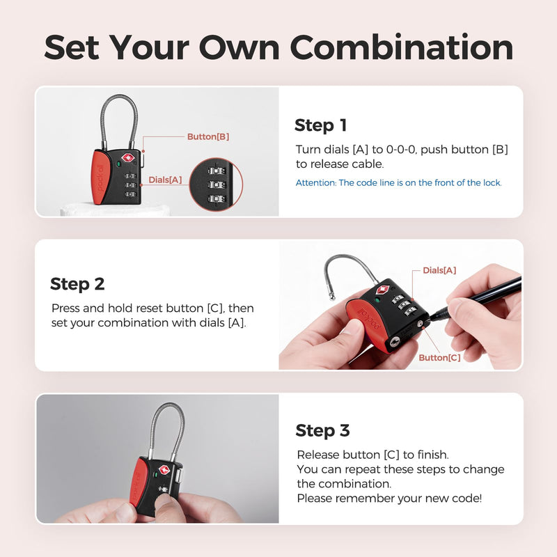 pack all TSA Approved Cable Luggage Locks, 3 Digit Combination Padlocks, Travel Lock for Suitcases & Bag, Alloy Body, Travel Accessories (1 Pack)（Red）