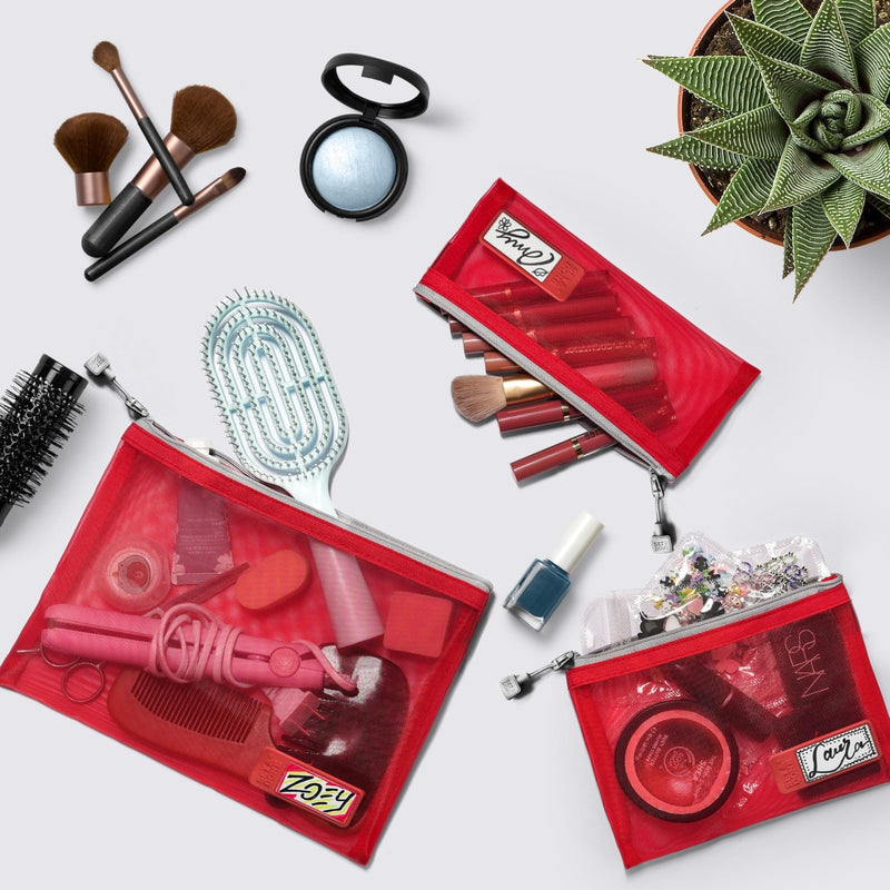 Pack of 3 Nylon Zipper Mesh Pouch Set with Name Tab – Travel & Makeup Organizer – True Red