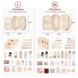 PACKISM Quilted Travel Makeup Bag for Women - PU Leather Open Flat Cosmetic Bags for Women with Dividers, Independent Brush Holder, Waterproof Make Up Organizer for Travel Bathroom, Cream (L)