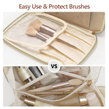 PACKISM Quilted Travel Makeup Bag for Women - PU Leather Open Flat Cosmetic Bags for Women with Dividers, Independent Brush Holder, Waterproof Make Up Organizer for Travel Bathroom, Cream (L)